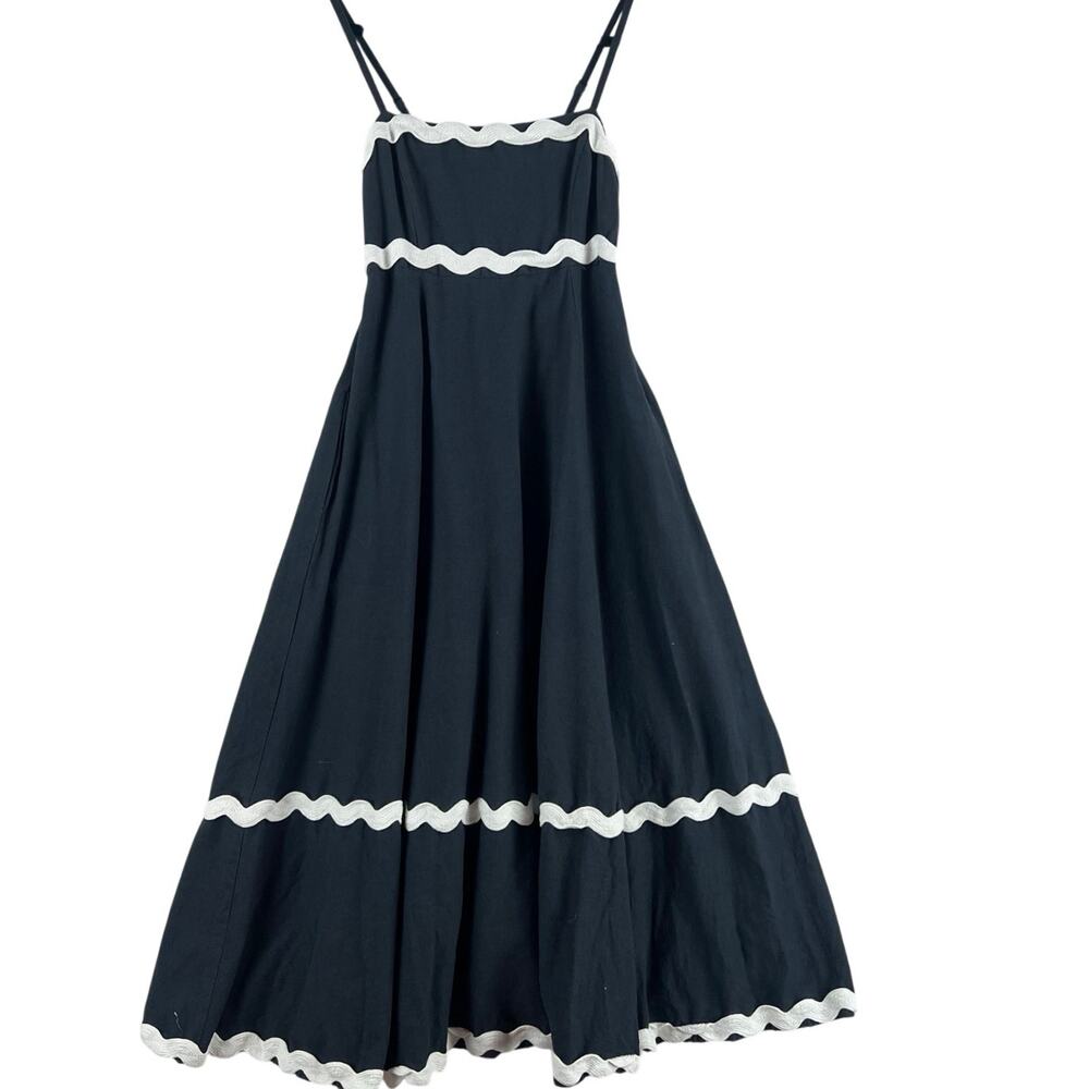 Sim & Sam Womens Tiered Midi Sundress XS Black White Ric-Rac Smocked Back